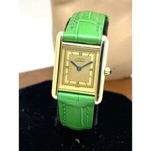 Cartier Must de Tank Women's Watch 366001 Swiss Quartz Gold Green Leather 21mm